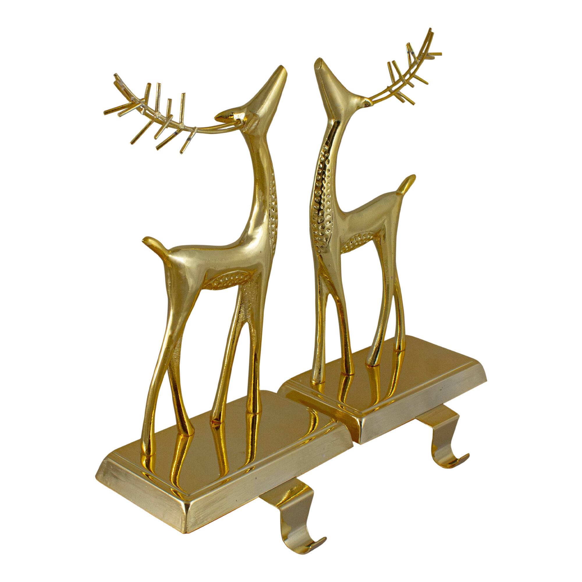 Set of 2 Gold Standing Reindeer Christmas Stocking Holders 9.75" Bed